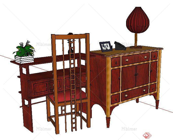中式风格梳妆台、边柜、书桌椅su模型