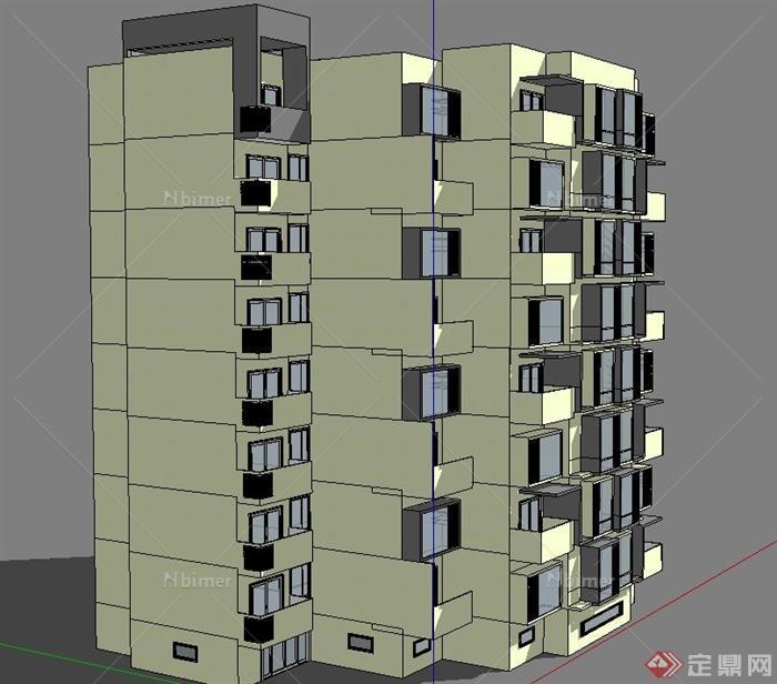 现代某多层梯凸形住宅建筑设计SU模型[原创]