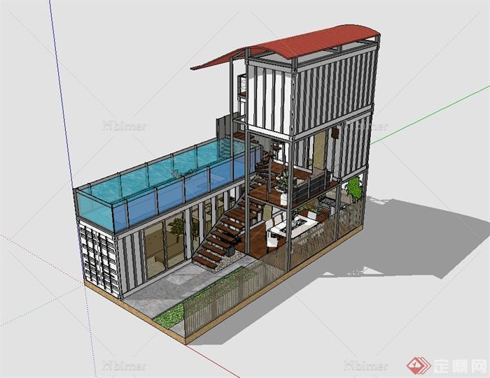 某现代风格详细精致集装箱别墅建筑设计SU模型[原