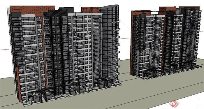 现代风格板式高层住宅建筑设计su模型（含效果图
