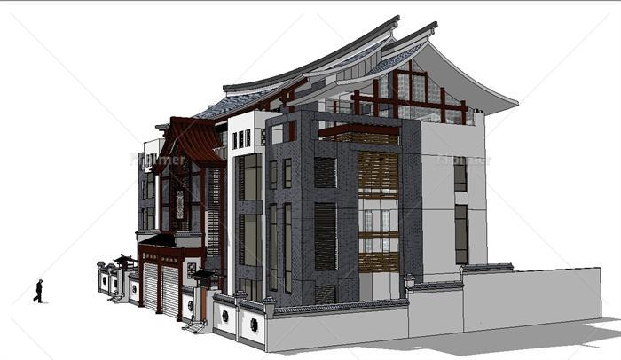 徽派雙拼別墅建築設計su模型[原創]