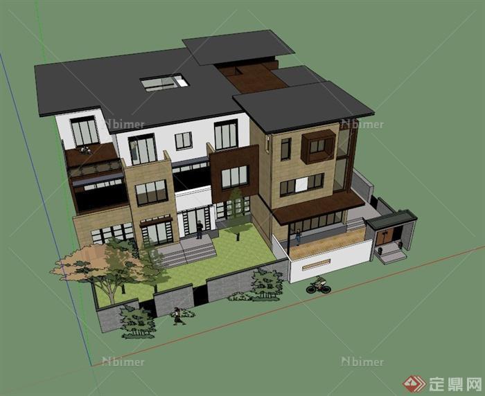 现代中式私家别墅建筑设计SU模型