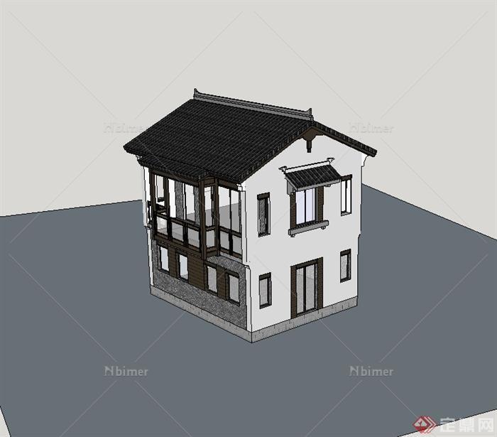 某现代中式风格小别墅建筑设计su模型[原创]