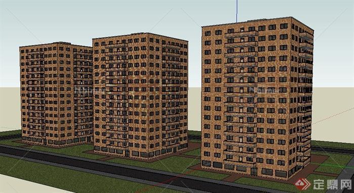 三栋高层住宅公寓楼建筑设计SU模型
