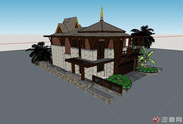 某东南亚风格详细别墅建筑设计su模型[原创]