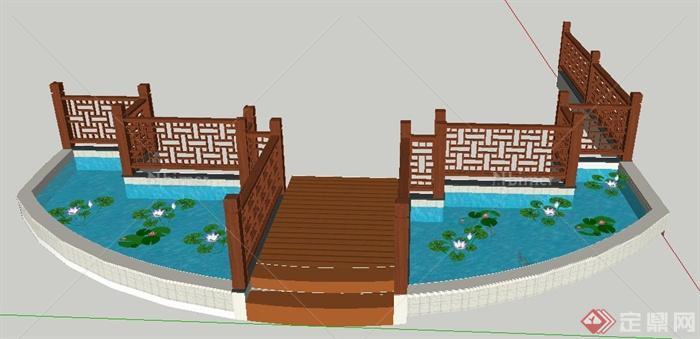 现代中式风格木栏杆及荷花池su模型