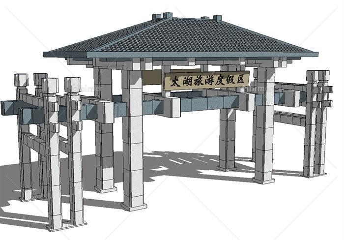 某现代中式风格太湖旅游度假区大门设计su模型[原