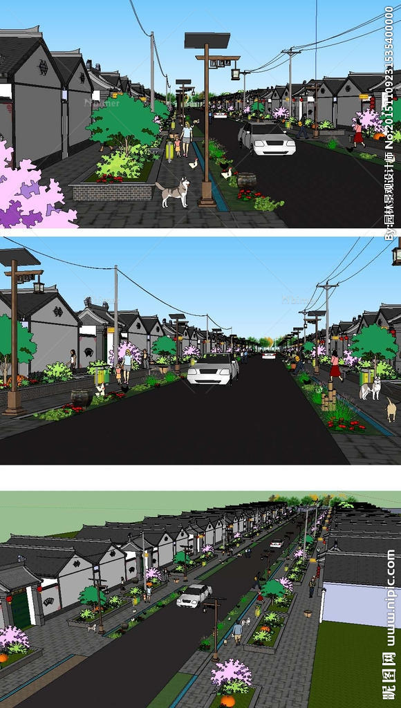 农村街道路景观建筑草图SU模型图片