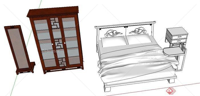 中式风格床、床头柜、衣柜、穿衣镜su模型
