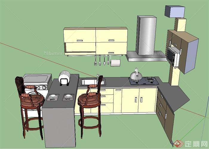 现代厨房餐具与厨卫设施设计SU模型