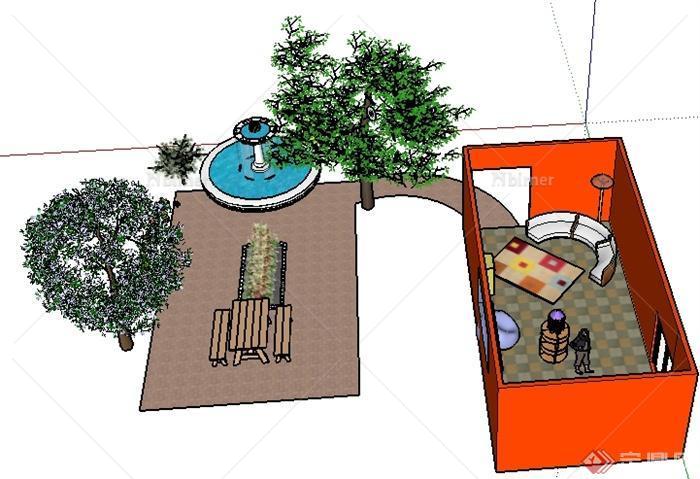 某现代单身住宅花园景观SU模型（带室内）