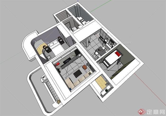 现代两室两厅一厨两卫室内设计su模型