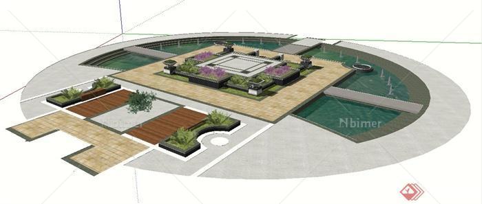 现代风格圆形喷泉水池及种植池su模型