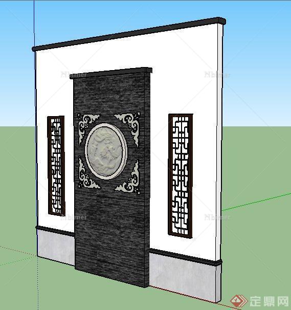中式影壁浮雕景墙su模型