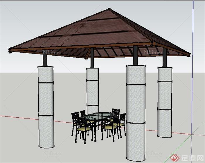 园林景观四角亭及桌椅su模型