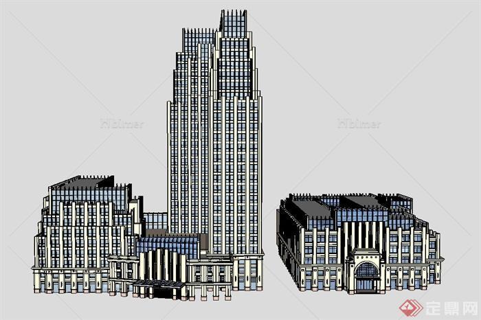 两栋欧式风格办公楼建筑设计SU模型[原创]