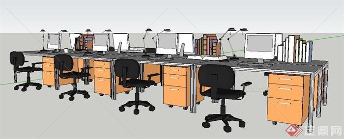 现代简约集中办公区办公桌椅su模型