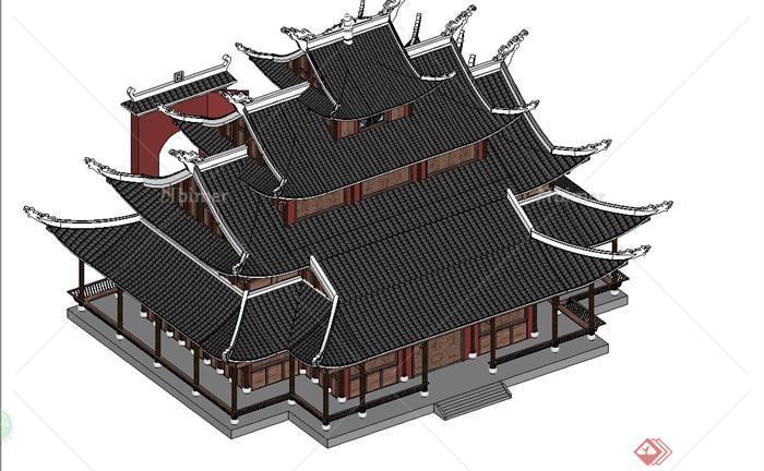 某古典中式风格财神庙建筑设计SU模型[原创]