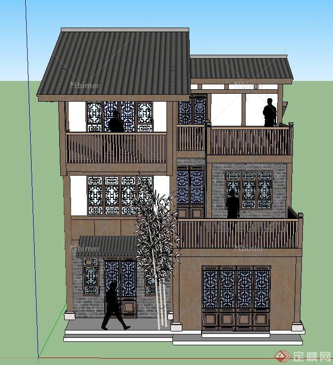 某古典中式三层带庭院住宅建筑设计SU模型