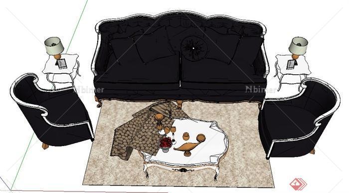欧式黑色沙发家具组合su模型