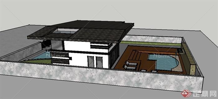 现代住宅别墅带游泳池庭院景观设计su模型