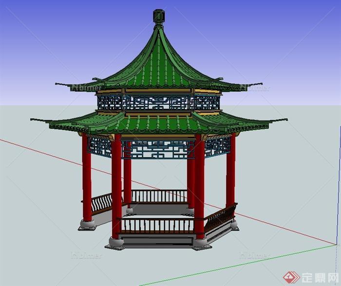 古典中式六角重檐景观亭设计SU模型