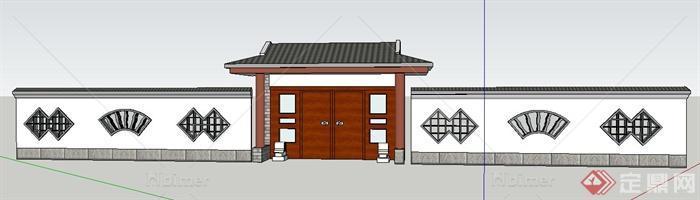 现代中式风格住宅大门及镂空围墙su模型