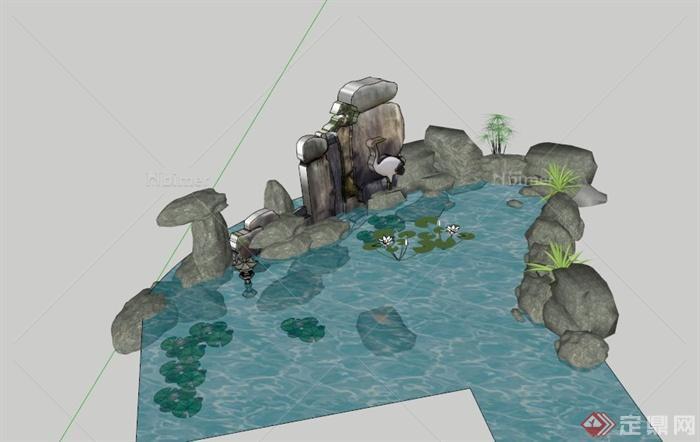 某公园水池设计su模型（含假山、景石）