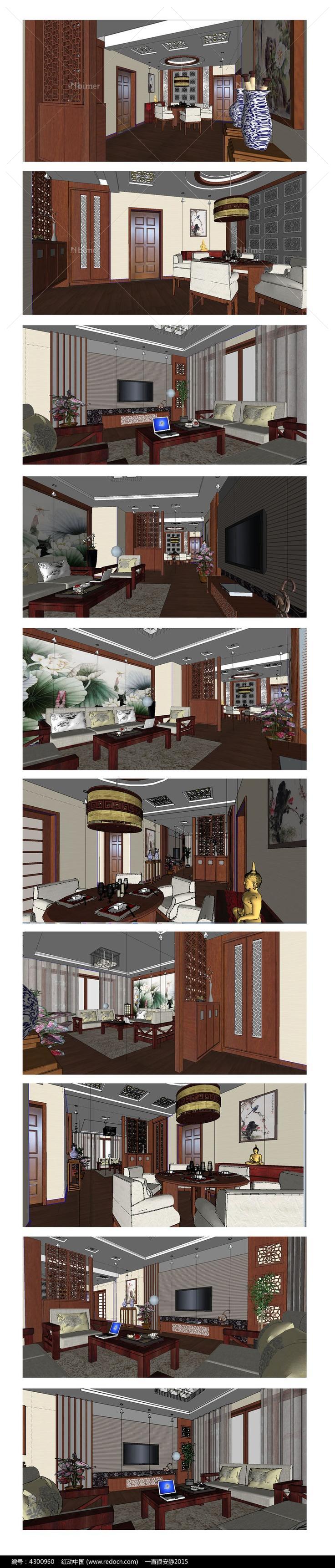简洁精美的中式客厅SU模型设计