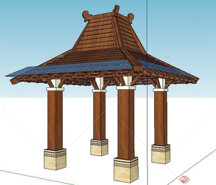 某泰式风格木制四角凉亭su模型