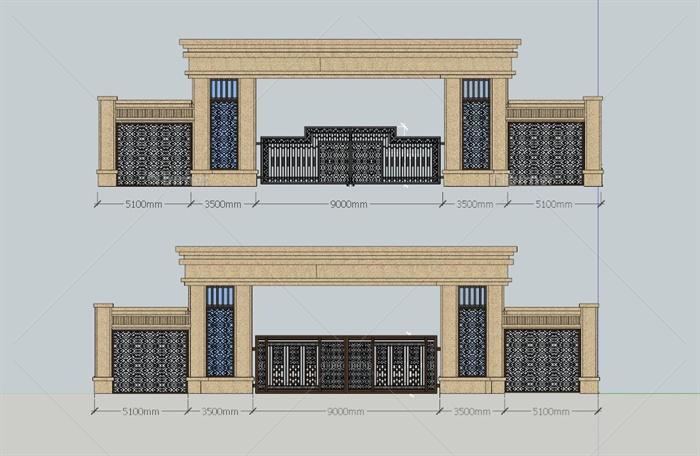 某新古典风格详细完整的两个小区大门设计su模型