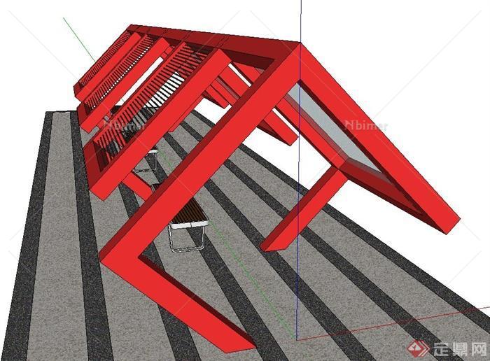 现代正方体形坡屋顶廊架设计SU模型