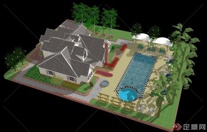 某新中式别墅建筑设计SU模型（带景观）