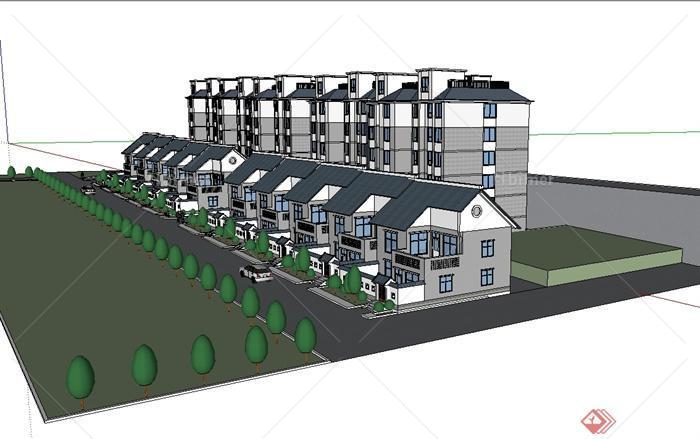 现代中式风格详细别墅及多层住宅楼设计su模型[原