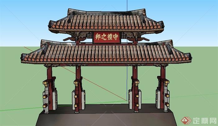 某古典中式双檐门廊牌坊设计SU模型