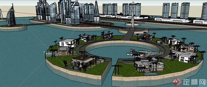 某现代水上商业中心住宅综合建筑设计su模型[原创