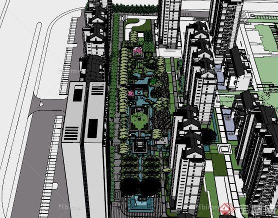 现代中式小区住宅景观设计SU模型