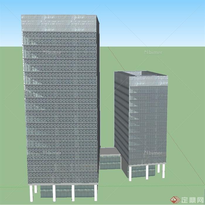 现代某多层两栋办公建筑设计SU模型