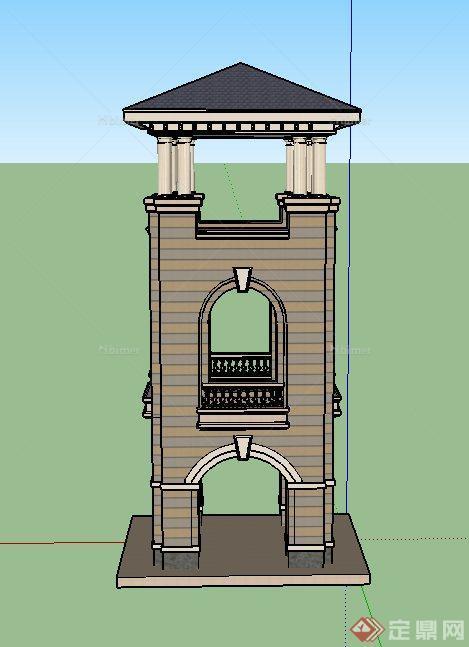 欧式方形三层塔楼建筑设计SU模型