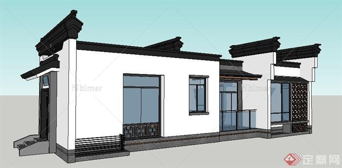 简约徽派单层民房建筑设计su模型