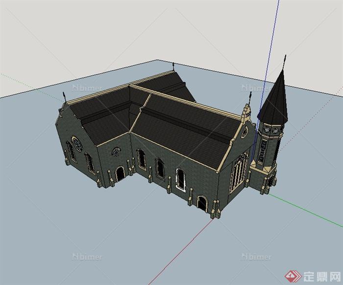 英式风格文化教堂建筑设计su模型[原创]