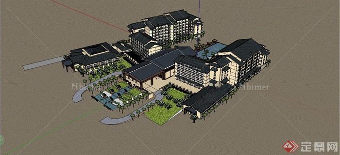 某东南亚风格大型度假酒店建筑设计SU模型[原创]