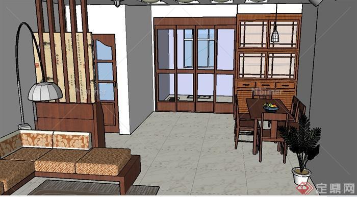 现代中式风格室内家装客厅餐厅设计SU模型[原创]