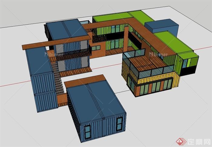 某现代两层集装箱办公楼建筑设计su模型