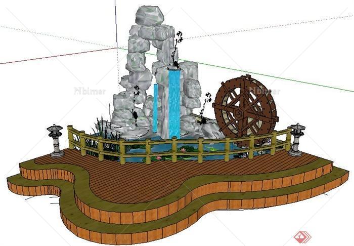 园林景观假山水车组合su模型