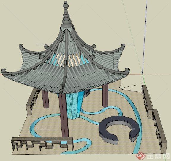 古典中式流水亭六角亭设计su模型