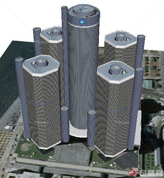 现代风格五栋高层商务中心建筑设计SU模型