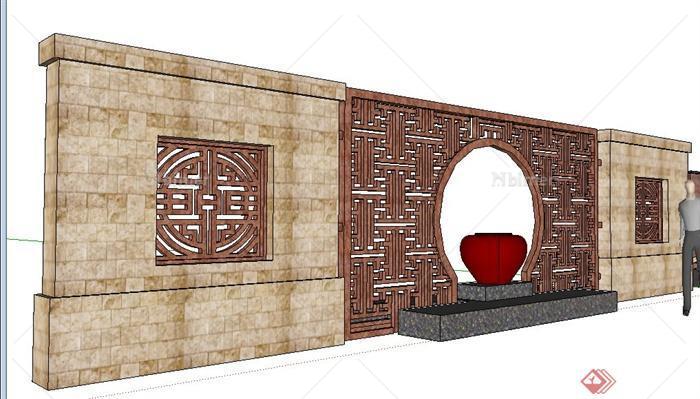 两种新中式风格景墙设计su模型[原创]