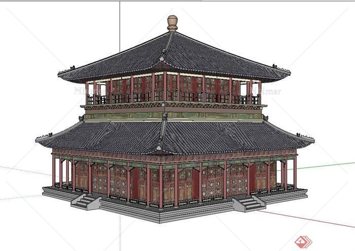 古典中式风格两层宫廷古建筑楼设计su模型[原创]