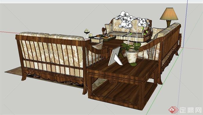 某室内木质沙发、茶几组合设计SU模型